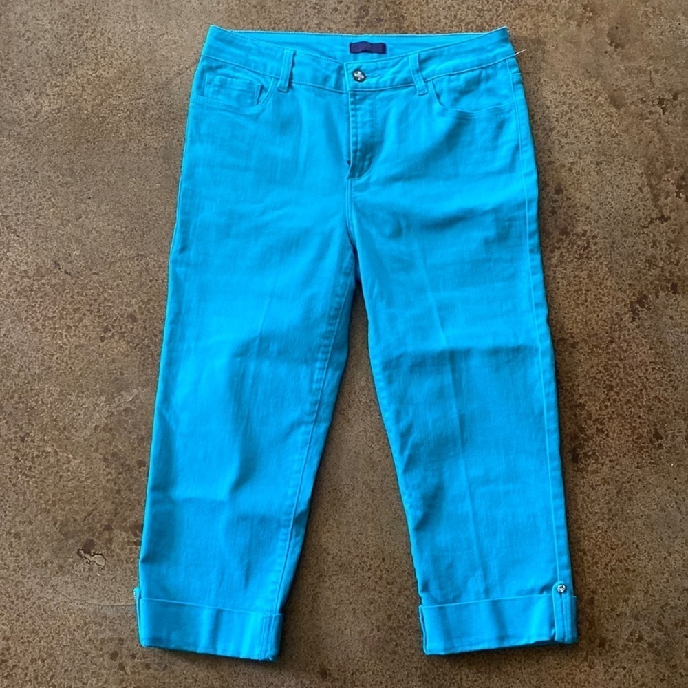 NYDJ aqua blue cropped stretch high rise cuffed‎ Capri ankle jeans